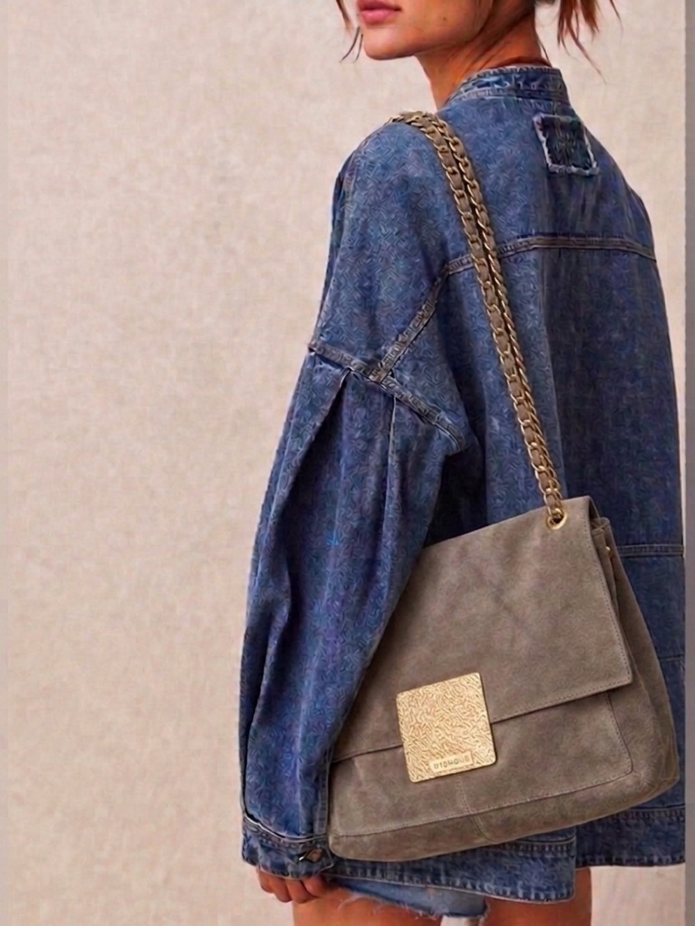 Uterque | Oversized Olive-Brown Suede Chain Slouchy Baguette Style Shoulder Bag